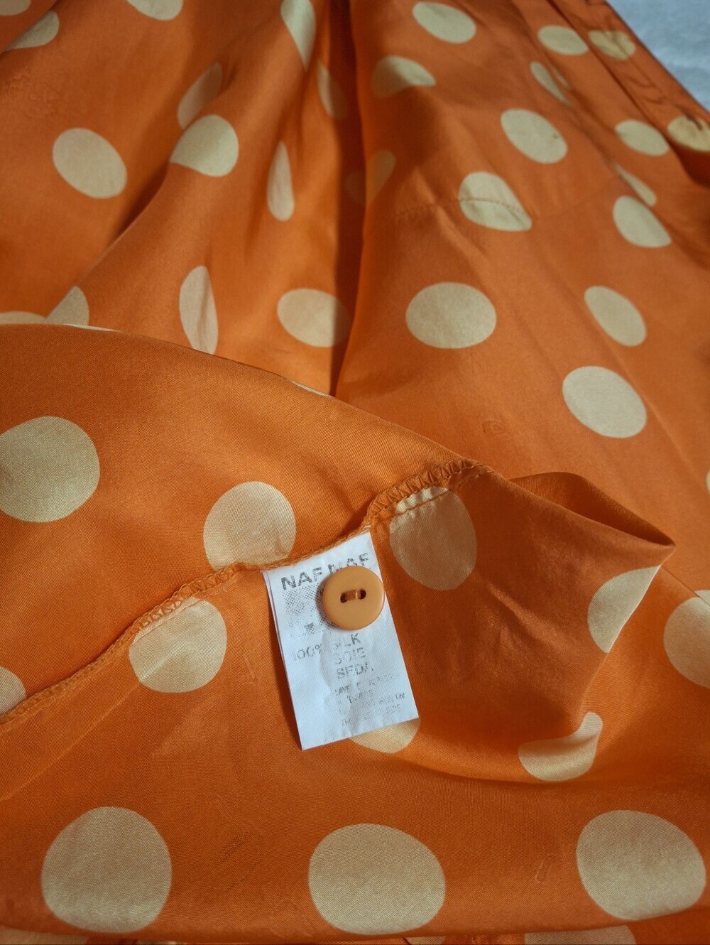 NAF NAF Paris Silk Orange with Beige Polka-Dots Button-Up Blouse Size X-Large - Picture 7 of 16